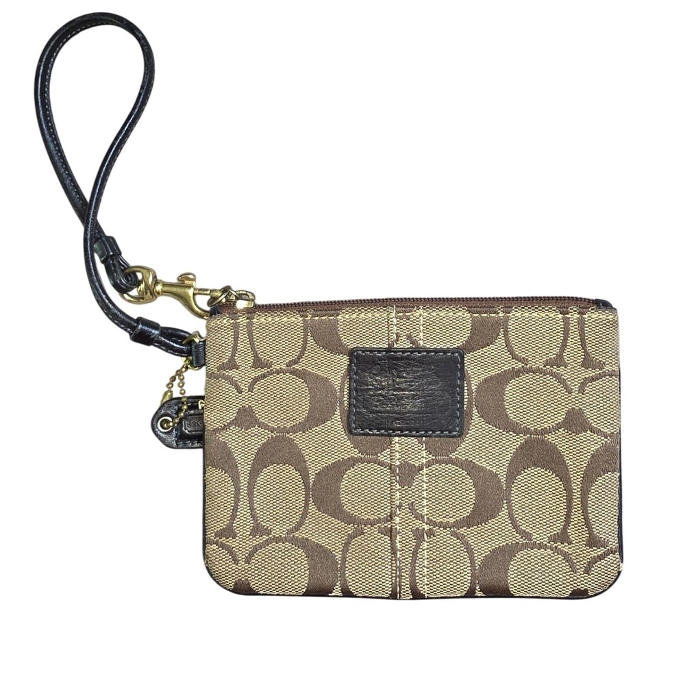 Coach Signature Jacquard Wristlet Khaki Brown Leather Trim Tattersall Lining